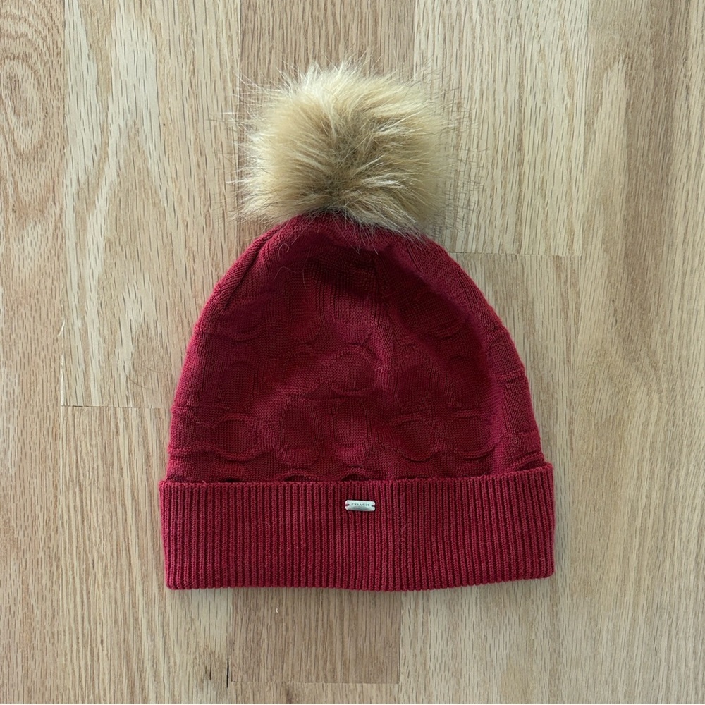 Coach Women's Red Beanie with Pom Pom